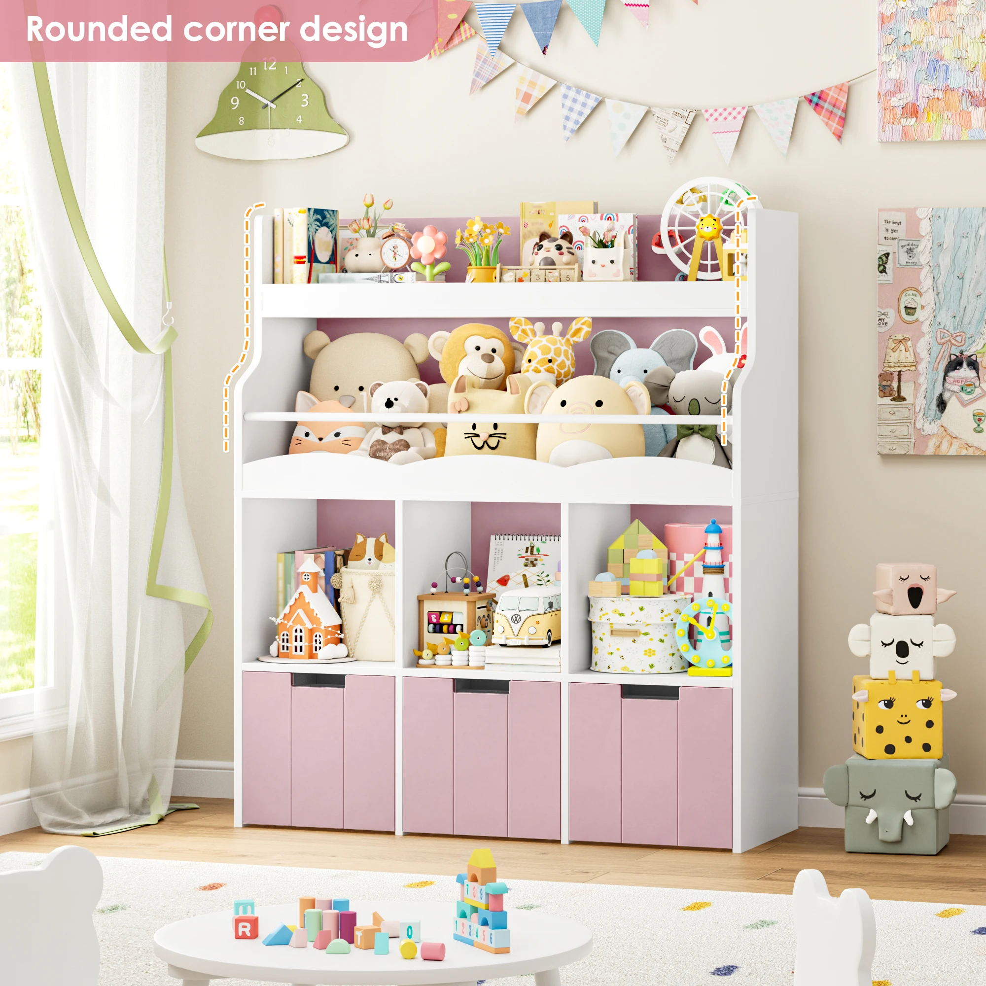 Kids' Bookshelf with Boxes on Wheels, Kids' Bookcase with 4 Storage Bins, Toy Shelf Kids' Room for Bedroom Kindergarten