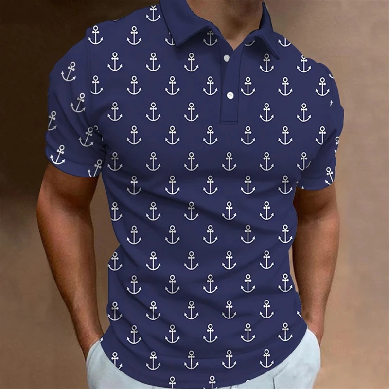 Fashion Mens Polo Shirt Short Sleeve Anchor Patter Mens Designer Clothes Causal Short Sleeve Button Lapel Polo T-shirts Apparel view 2