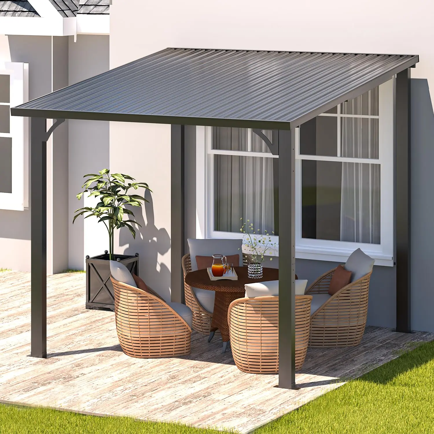 Small 8x8 Hardtop Lean to Metal Pergola, Wall-Mounted Grill Gazebo Galvanized Steel Patio Roof for Patio & Deck, Customized