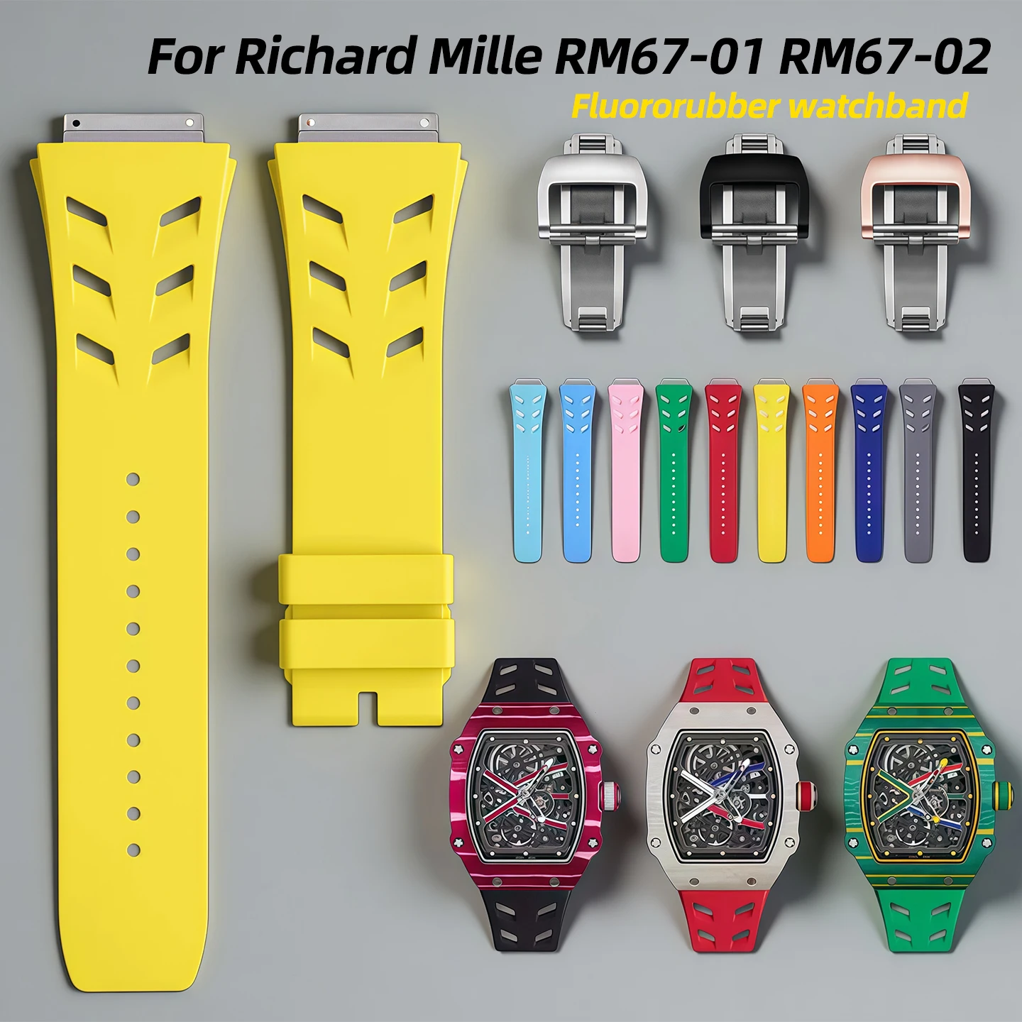 Fluororubber Strap For Richard Mille RM67-01 RM67-02 Series Women’s Watch Band With Shark Comfortable Breathable Folding Buckle