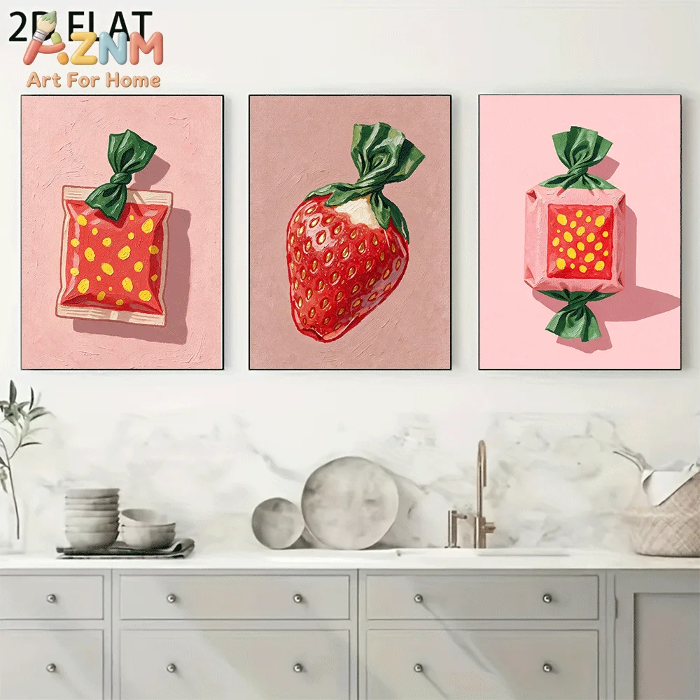 AZNM Frameless Canvas Wall Art, Cute Strawberry & Candy Package Oil Painting Print, Sweet Fruit Food Wall Decor for Living Room