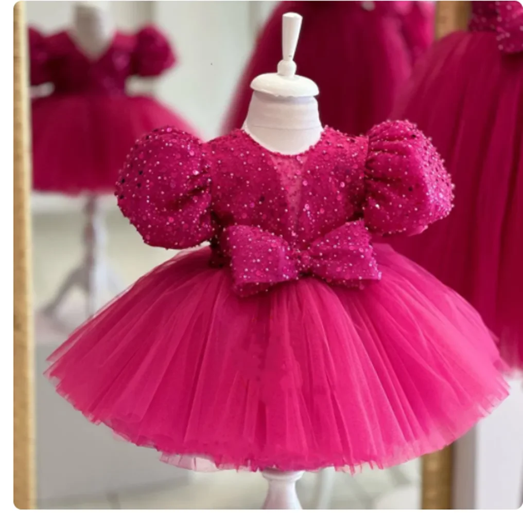 

Hot Pink Short Baby Girl Birthday Dresses Child Tulle Bow Wedding Party Dress Formal Kids Tutu Puffy Ball Gown