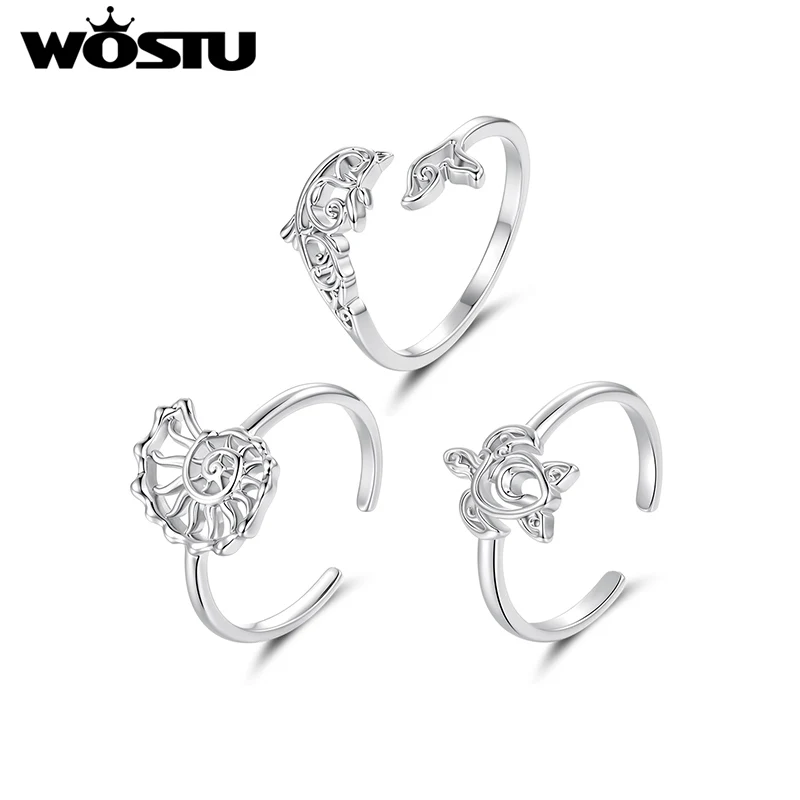 WOSTU Weißgold plattierter offener Ring mit Meeresschildkröte und Delfin, hypoallergener, durchbrochener Ring mit Meerestieren, Schmuckgeschenk für Frauen und Mädchen