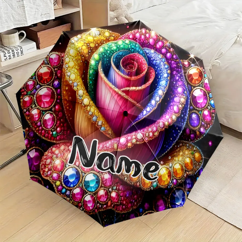 Custom Name Umbrella,Rainbow Jewel Rose Design Umbrella - Elegant and Vibrant Style" Folding Umbrella for Sunny and Rainy,Gift