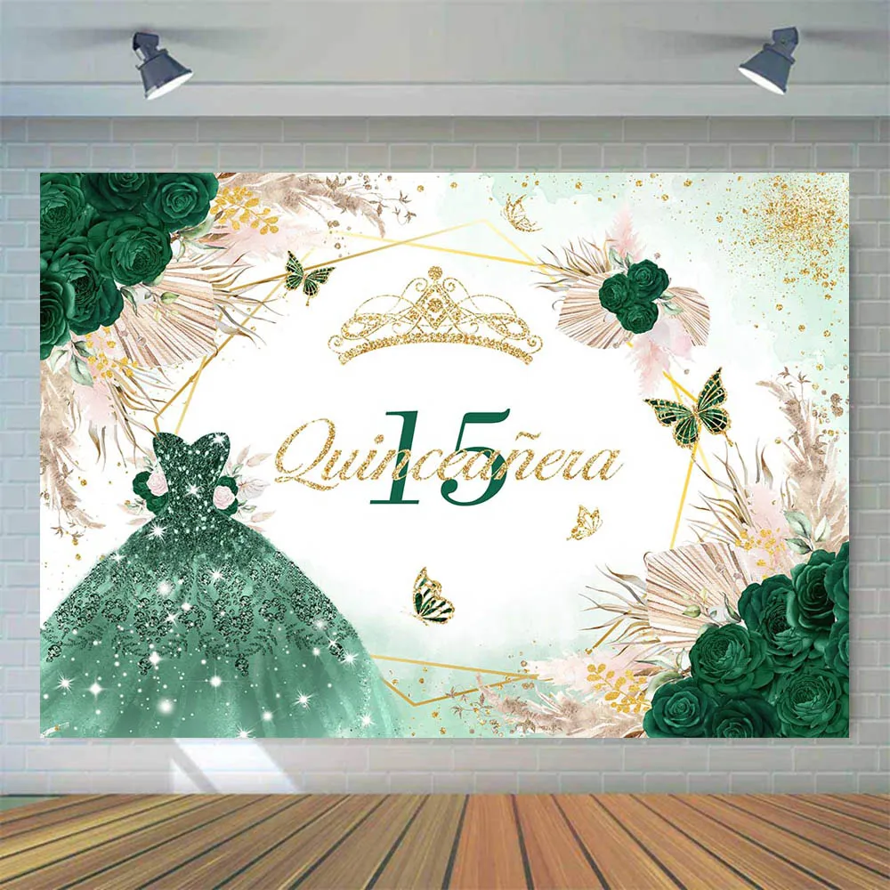 Mocsicka Bohemian 15th Birthday Backdrop Green Dress Flowers Girl Fifteen Birthday Party Decor Background Quinceañera 15 Poster