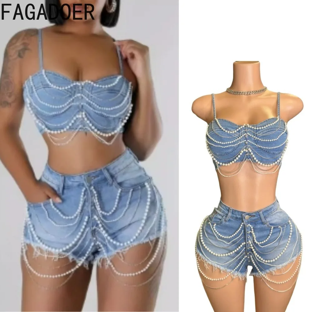 FAGADOER Sexy Denim Two Piece Set for Women Spaghetti Strap Pearls Patchwork Crop Top +  Shorts Suit Hot Girl Y2k Streetwear New