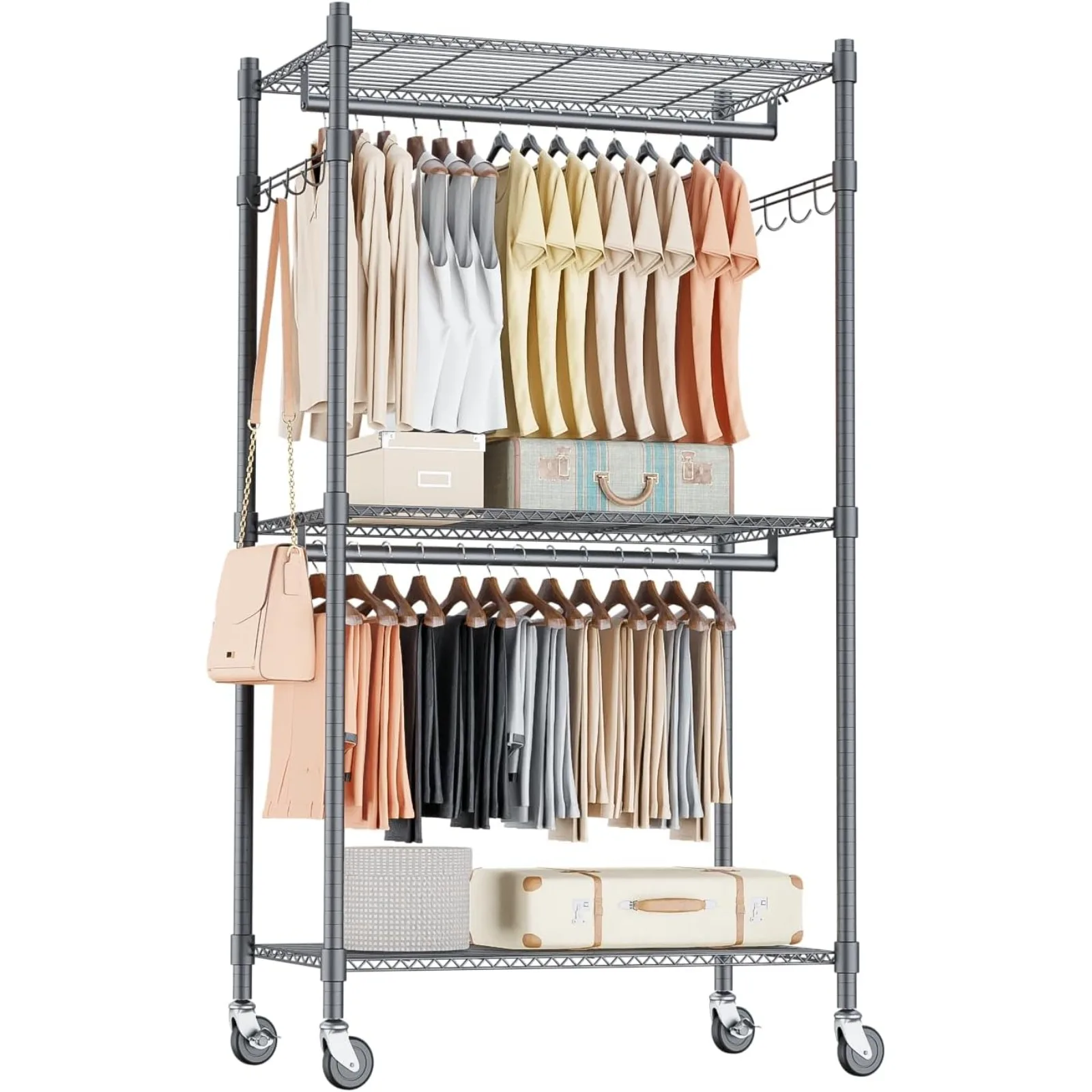 

US Homdox Garment Rack Heavy Duty, 3 Tier Rolling Clothing Racks for Hanging Clothes, Metal Wardrobe