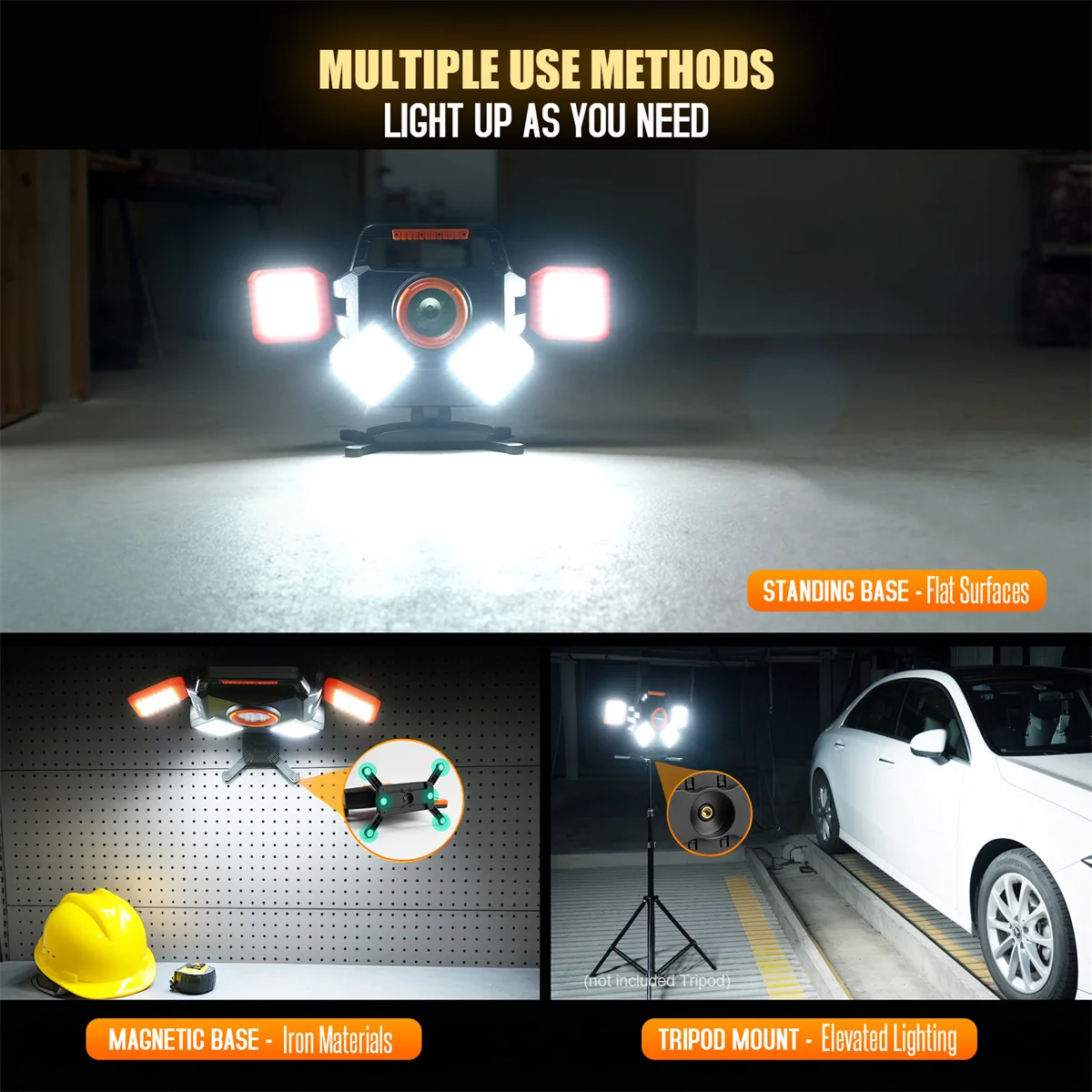 ضوء عمل قابل لإعادة الشحن 55 وات، قابل للطي و360 °   ضوء عمل LED محمول قابل للدوران، 6 أوضاع إضاءة، لإصلاح السيارات في موقع العمل