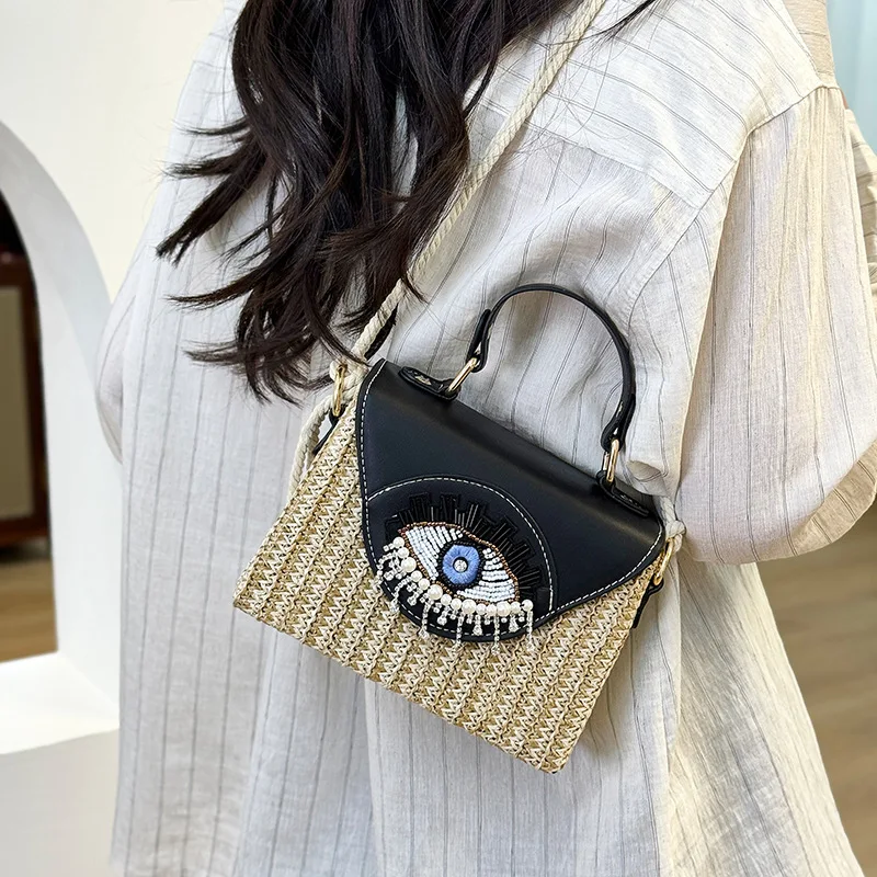 

Funny Big Eyes Straw Bag Rhinestone Women Handbag Designer Bag Travel Box Beach Bags for Women Summer Shoulder Crossbody Bags