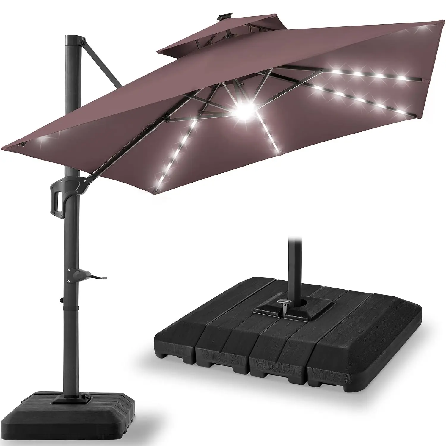 10x10ft Offset Patio Umbrella w/Base, Solar LED Lights 360° Rotation Large Outdoor Shade for Deck Pool Backyard, Customized