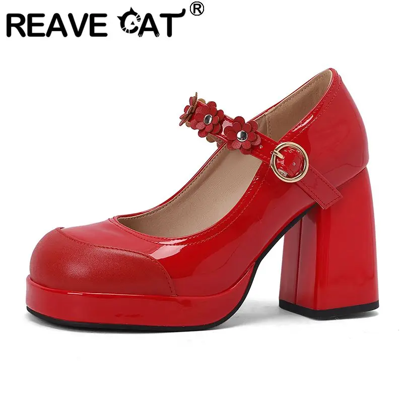 

REAVE CAT Сексуальные женские туфли-лодочки с круглым носком на массивном каблуке 9,5 см на платформе 2 см с цветочной пряжкой и ремешком Mary Janes Sweet Dating Shoes 41 42 43