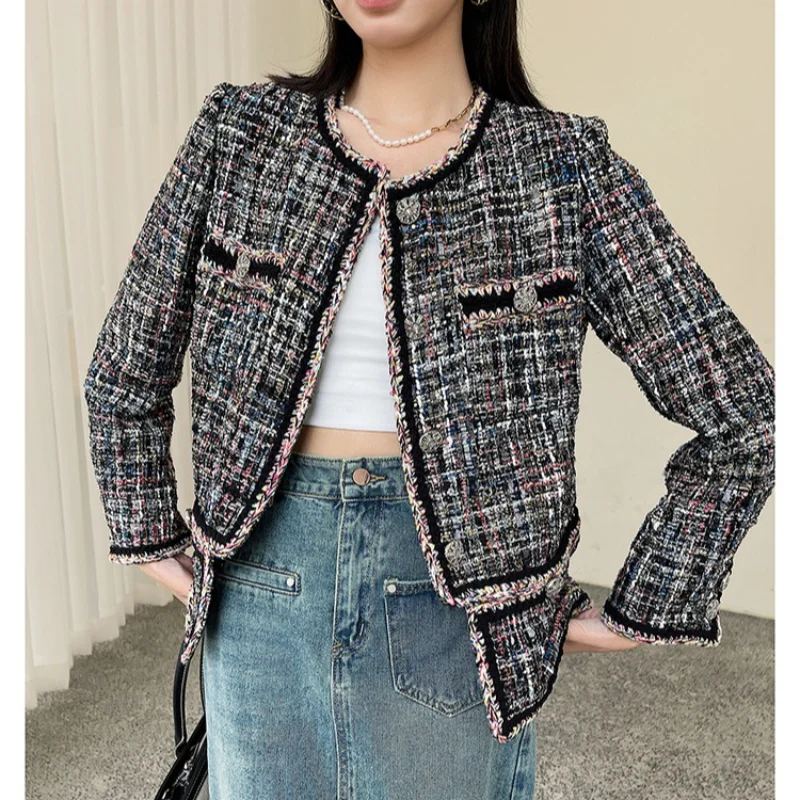 French Elegant High-quality Small Fragrance Jacket Women Vintage Light Luxury Tweed Sequin Weaving Splicing Hem Women's Clothing