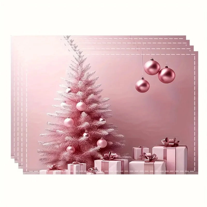 Xmas Holiday Linen Placemat Classic Christmas Element Print Table Mat Heat‑Resistant Dining Pad for Home Kitchen New Year Party