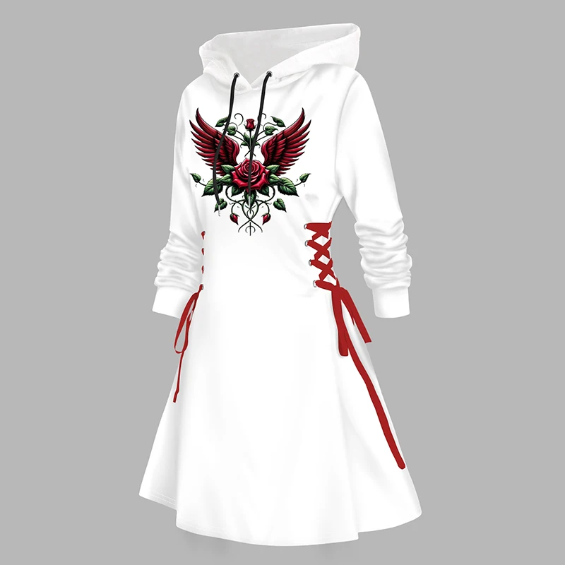 

Dressfo женское платье на Хэллоуин с принтом крыльев розы контрастное платье с капюшоном на шнуровке мини-платье с длинными рукавами и шнурком
