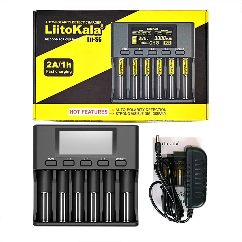 LiitoKala Lii-S6 3.2V 3.7V 18650 Battery Charger 6-Slot Auto-Polarity Detect 26650 21700 18500 14500 20700 1.2V AA AAA Batteries