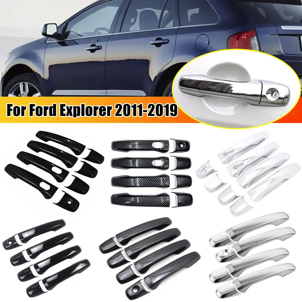 For Ford Explorer 2011-2019 Carbon Fiber Style Chrome Car Door Handle Cover Sticker Trim Cap Accessories Auto Protect Decor ABS