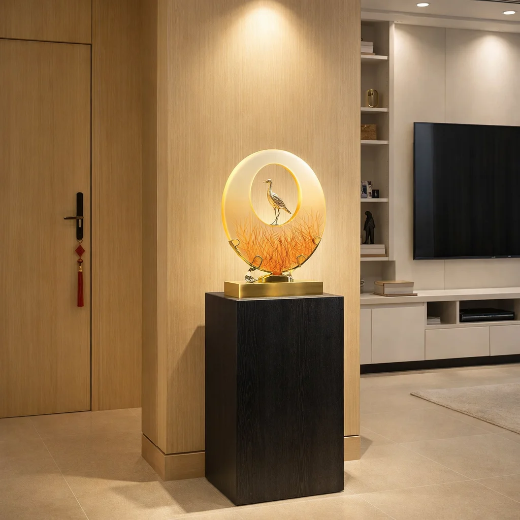 %R  Crane Themed Illuminated Circular Resin Sculpture Traditional Antique Handmade Eco-Friendly Durable Home Living！