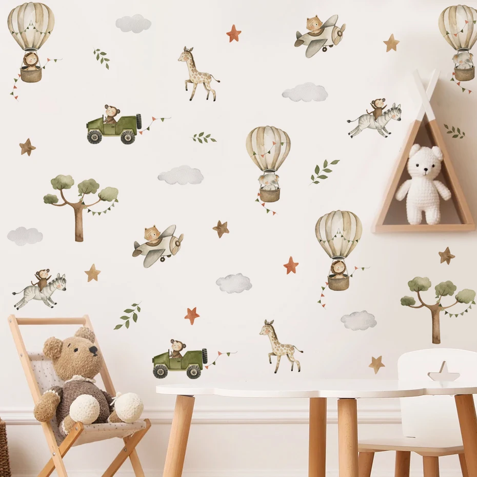 

Watercolor Safari Animals Hot Air Balloon Plane Tree Wall Stickers for Kids Room Bedroom Living Room Home Decoration Wall Decals