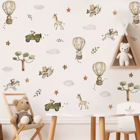 Watercolor Safari Animals Hot Air Balloon Plane Tree Wall Stickers for Kids Room Bedroom Living Room Home Decoration Wall Decals