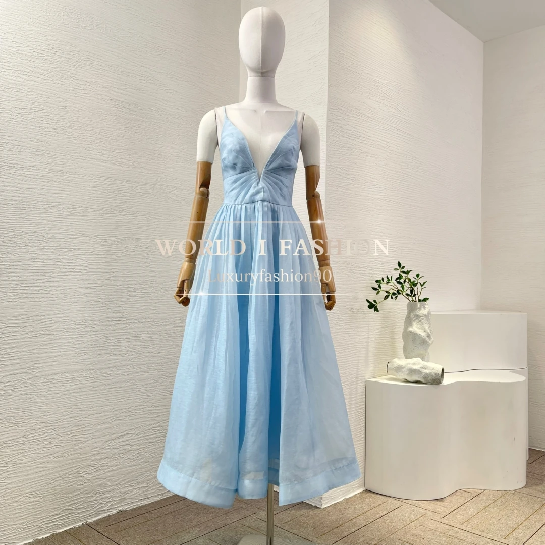 

Graceful Light Blue 2025 High Quality Beach Style Silk Linen Midi Dress New Collection for Women
