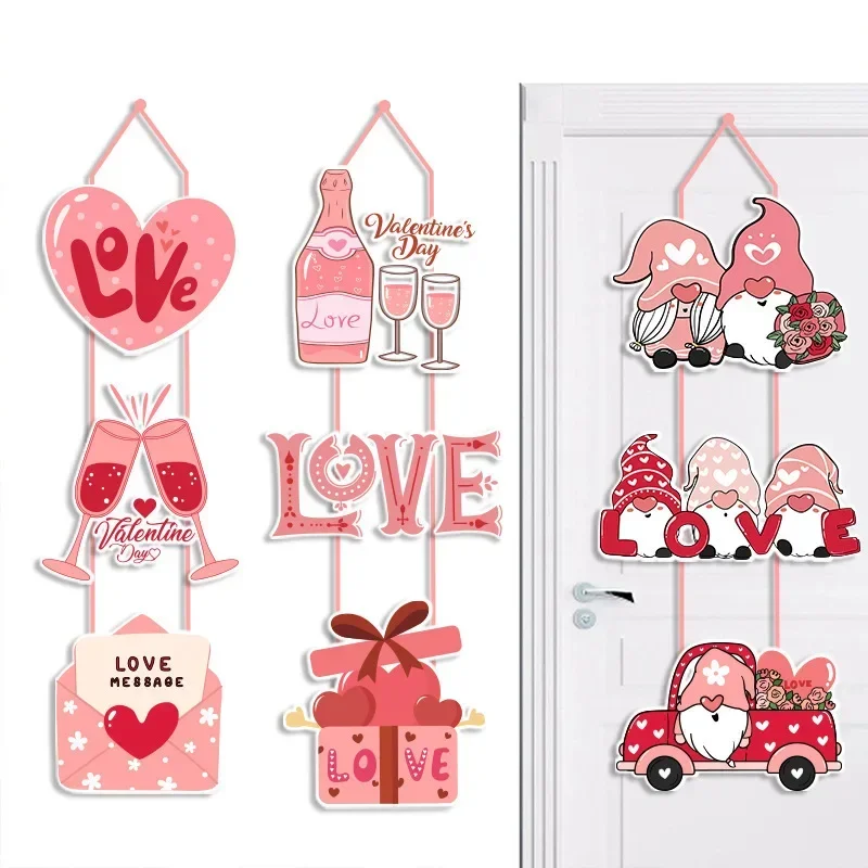 Pink Valentine's Day Decorative Door Hanger Love Heart Dwarf Couple Hanging Pendants Happy Valentine's Day Wedding Party Decor