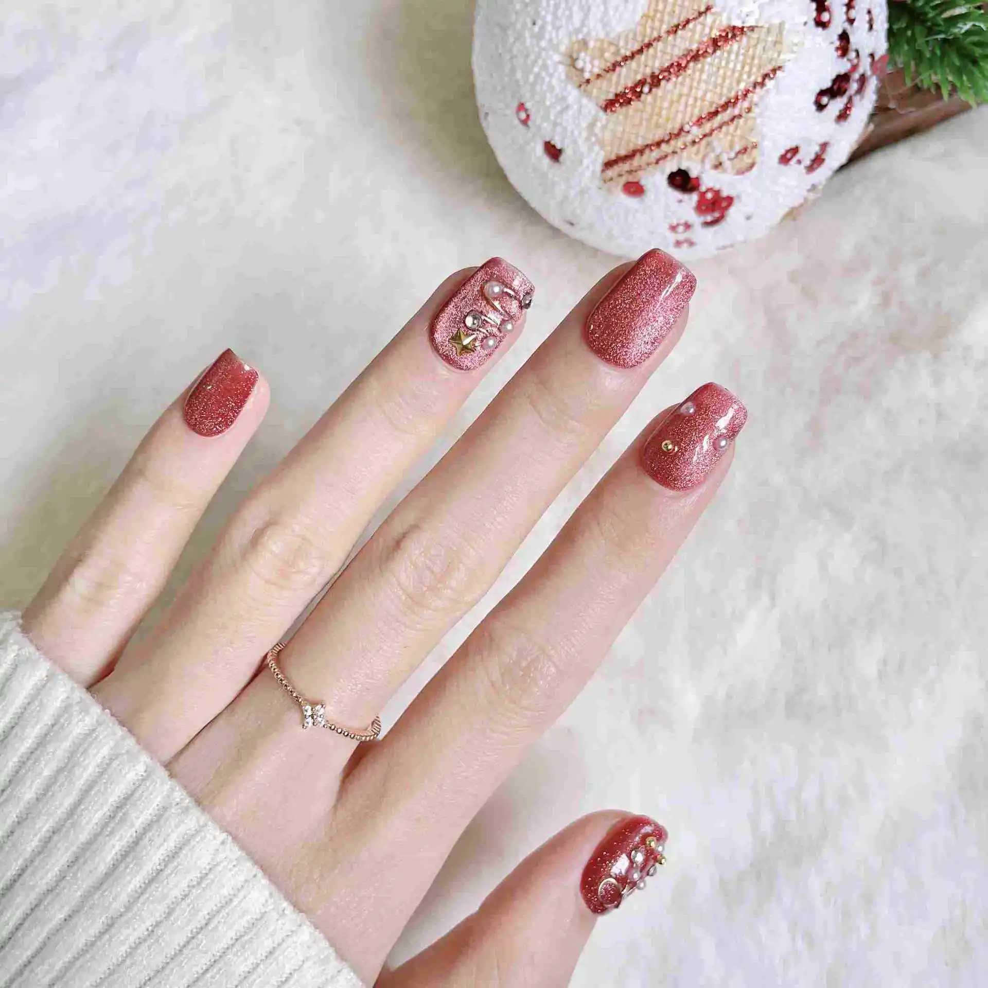 10 pièces presse à la main sur les ongles noël oeil de chat arc scintillant couverture complète ongles conseils pour femmes et fille amovible portable ongles