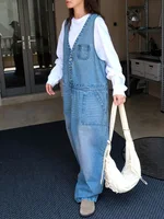 [EAM] Women Blue Denim Pocket Big Size Long Jumpsuit New High Waist Pocket Stitch Pants Fashion Tide Spring Autumn 2026 1DH6230 - Image 4