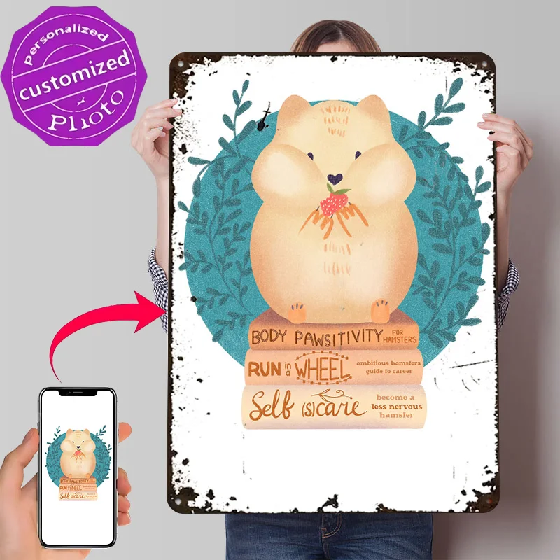 Hamster on Funny Book Pile 3D Printed Texture Poster Personalized Wall Art Retro Metal Tin Signs for Home Decoration Aesthetic