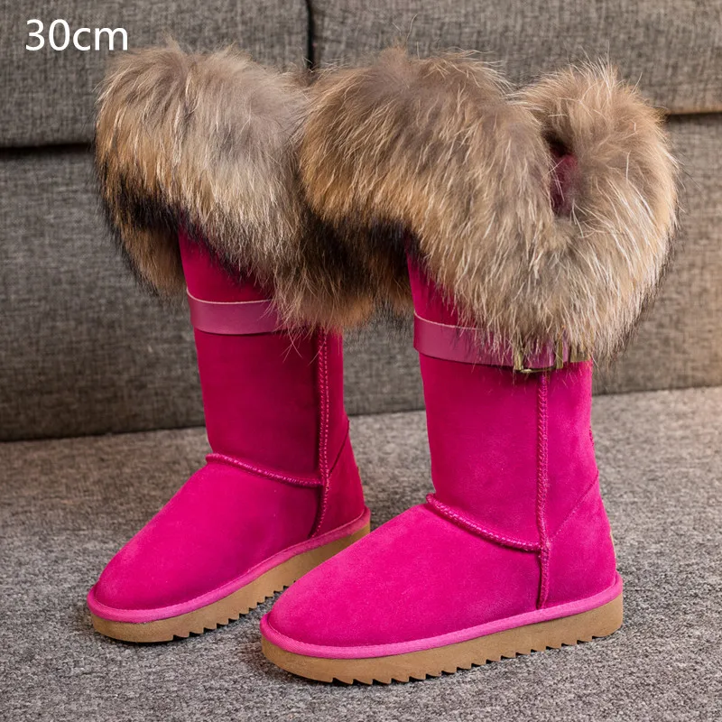 Winter Natural Fox Fur Long Boots Winter Fur Black Genuine Leather