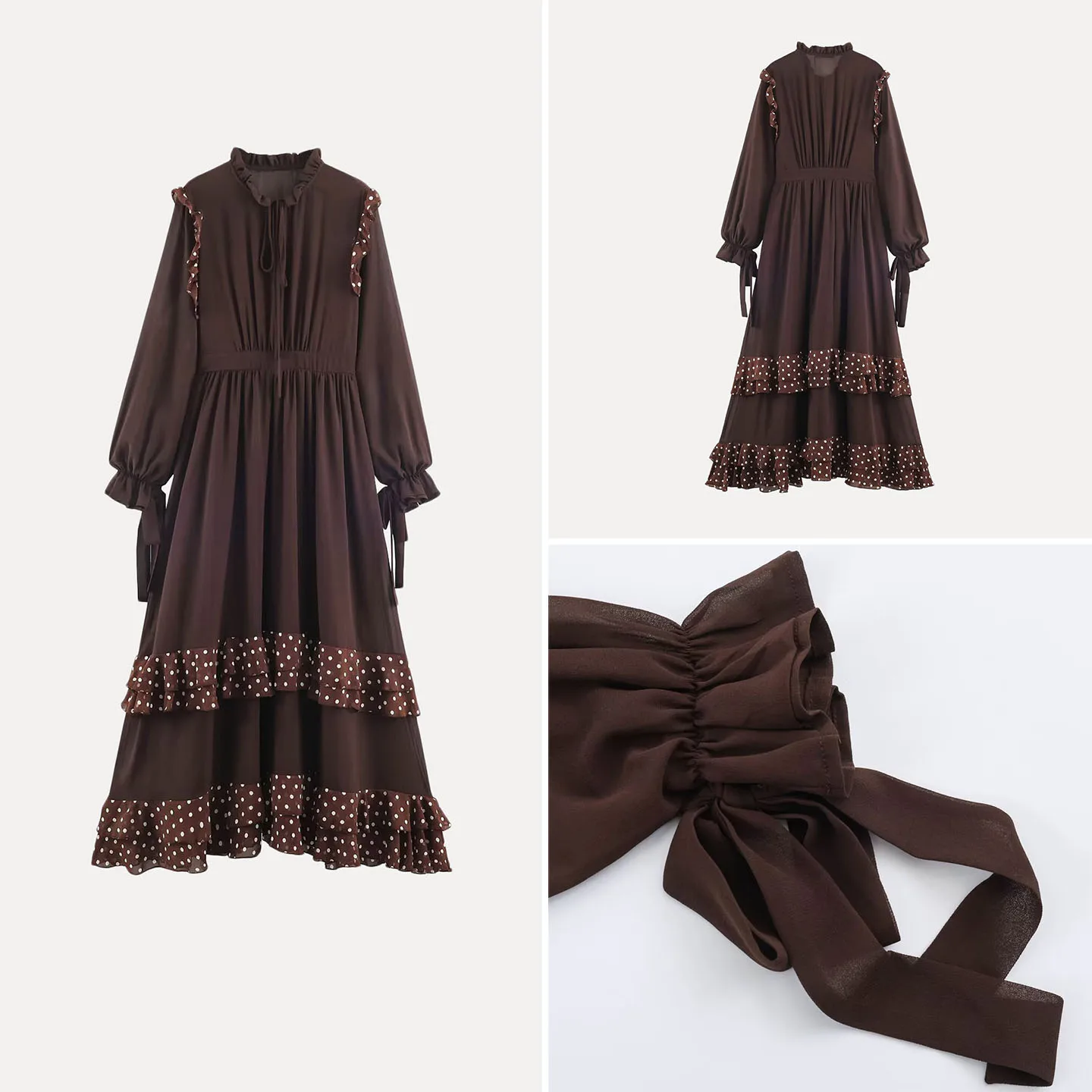 Fashionable Contrast Color Polka Dot Long Dress Women's Autumn New Arrival Lace Collar Personalized Design Daily Wear Zadata