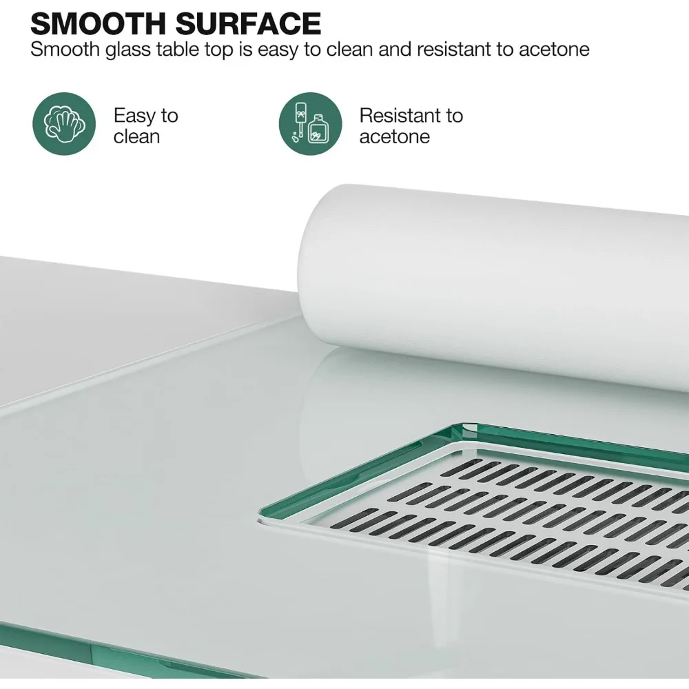 طاولة مانيكير، سطح زجاجي لمكتب تقنية الأظافر، محطة طاولة أظافر لتقنية الأظافر مع فتحة تهوية كهربائية، وسادة معصم، عجلات