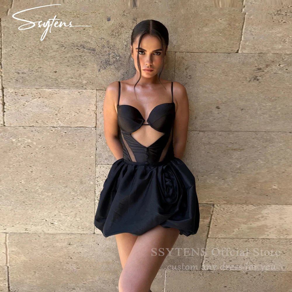 

SSYTENS Sexy Black Mini Prom Dresses Spaghetti Straps Satin Cocktail Dresses Woman Sexy Short Puffy Vestido De Festa Customized