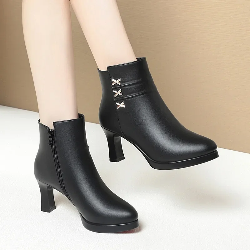 7cm 9cm Elegant Office Ladies Soft Leather Boots with fur Fall Winter 2024 Block High Heels Ankle Boots Plush for Mom Daily