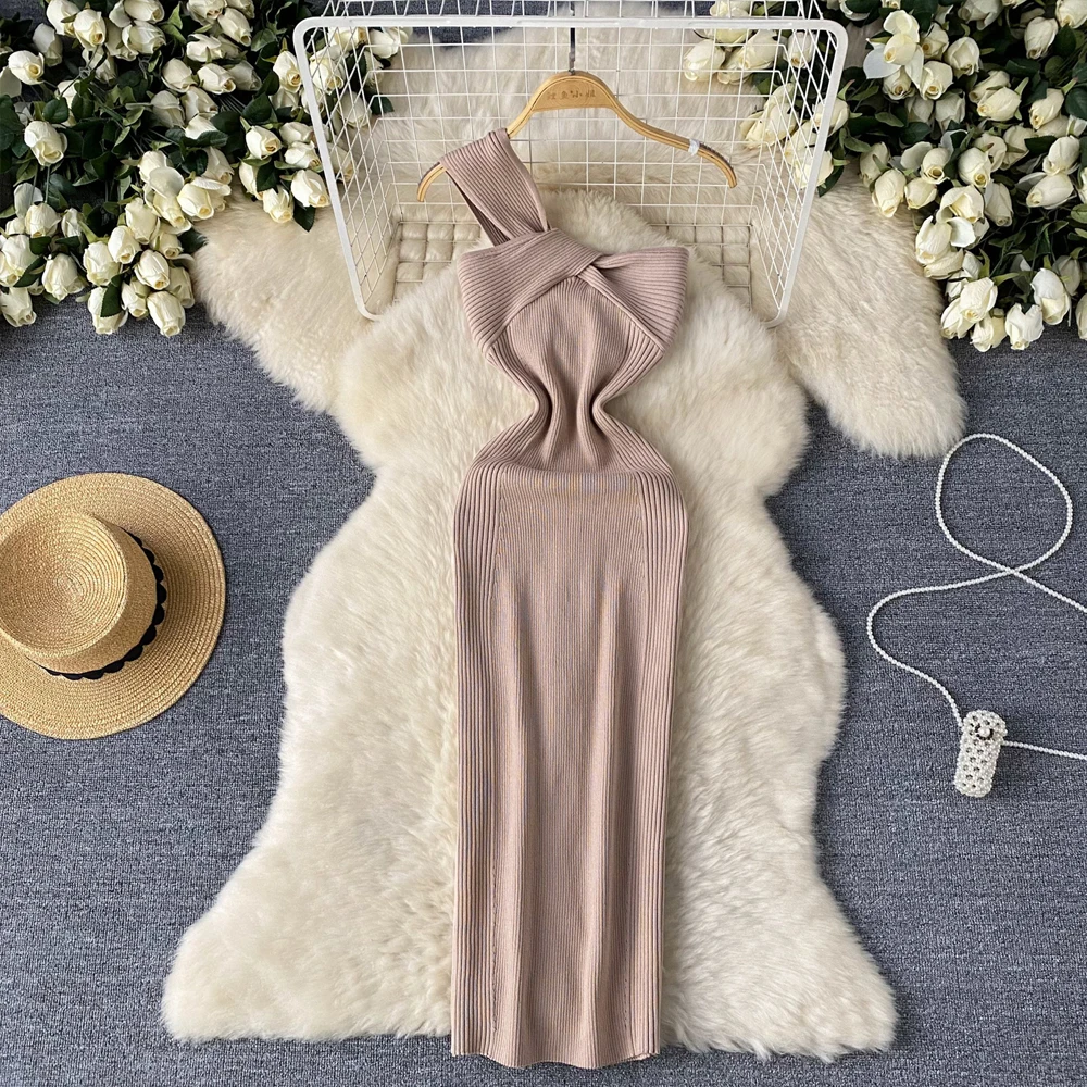 YuooMuoo Chic mode Sexy Wrap hanches une épaule robe tricotée femmes élégant noeud mince élastique moulante robe de soirée dame Vestid