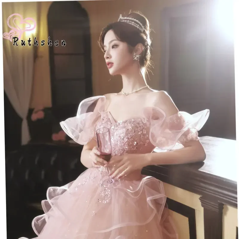 Customized Dance the night away in our 2024 new arrival pink prom dress with beautiful ruffles lace appliques