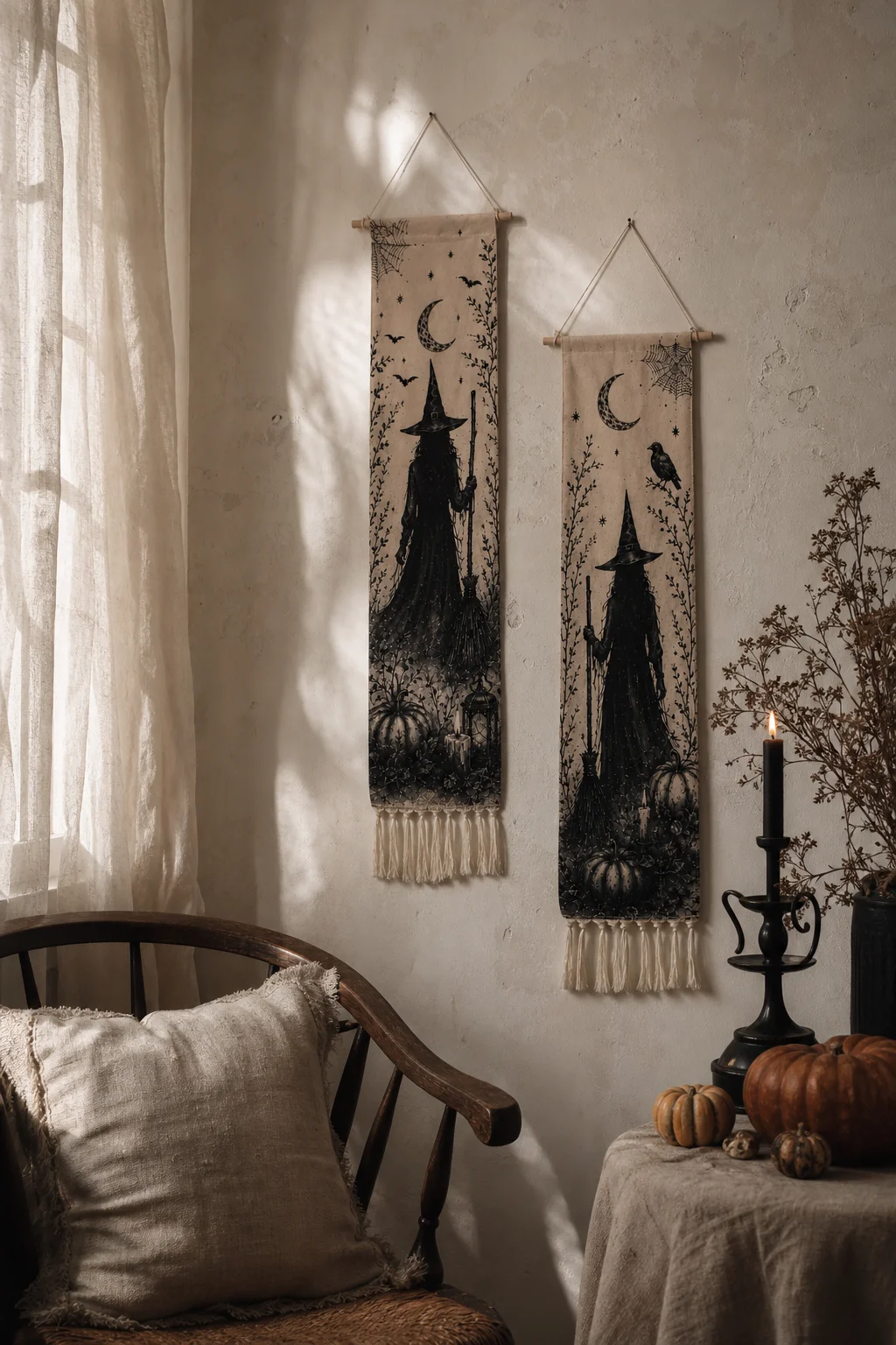 Halloween-Wandteppich mit Quasten, Gotische Hexe, Schwarze Katze, Krähe, Geisterhaus, Totenkopf-Druck, Vintage Grusel-Wandbehang Deko – Detail 30