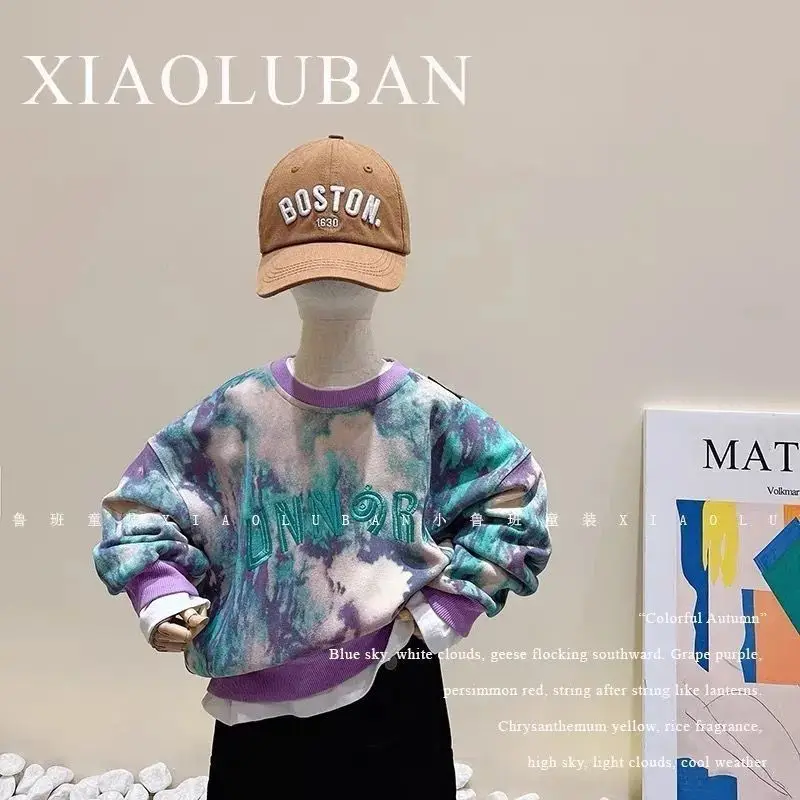 

Boys and girls tie-dye sweater embroidery spring autumn new children's versatile round neck clothing long-sleeved top two-piece