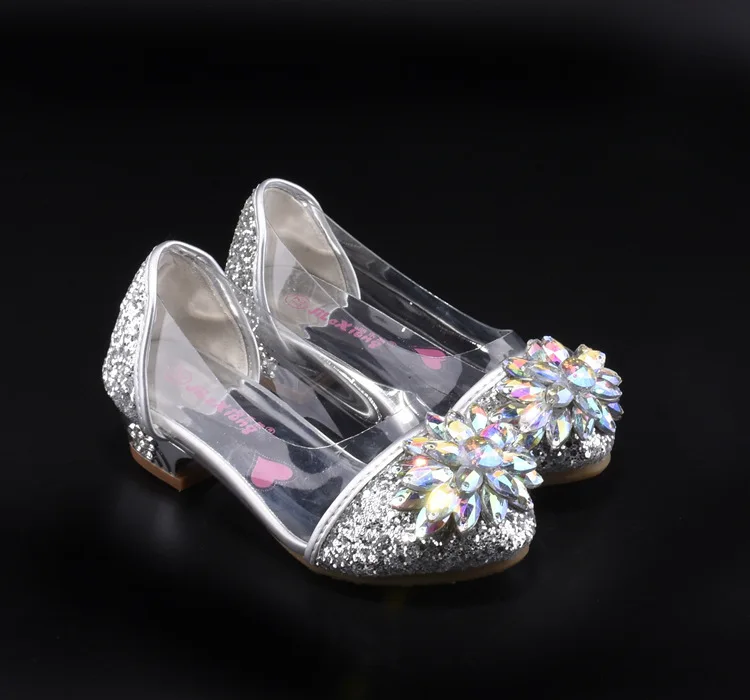 Princess Kids Leather Shoes Diamond Flower Casual Children High Heel Transparency Girls Sandals Student Performance Shoes