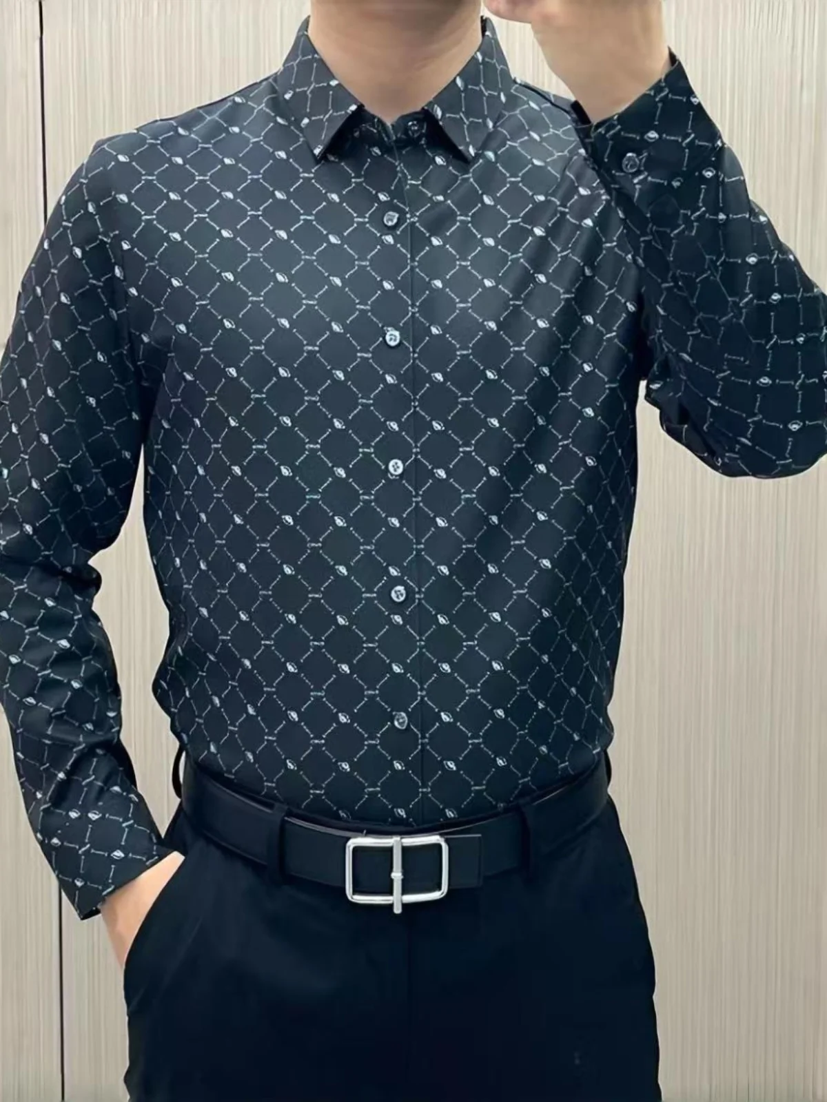 

Высококачественная мужская рубашка с длинным рукавом, весна-осень, новый стиль, повседневная, модная, европейский стиль, с высоким воротником, дышащая, городская, Y...