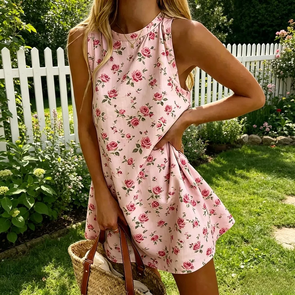 Romantic French-style Floral Print Mini Swing Dress Contrast Trim Loose A-Line Casual Short Sundress Summer Sweet Streetwear