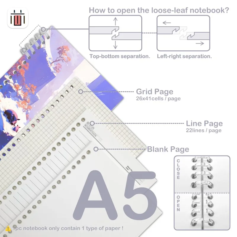 1 قطعة A5/A6 دفتر ملاحظات فضفاض الأوراق ، 50 ورقة/100 صفحة ، صفحة متعددة ، غطاء ناعم ، أدوات مكتبية للمدرسة كتابة الطلاب