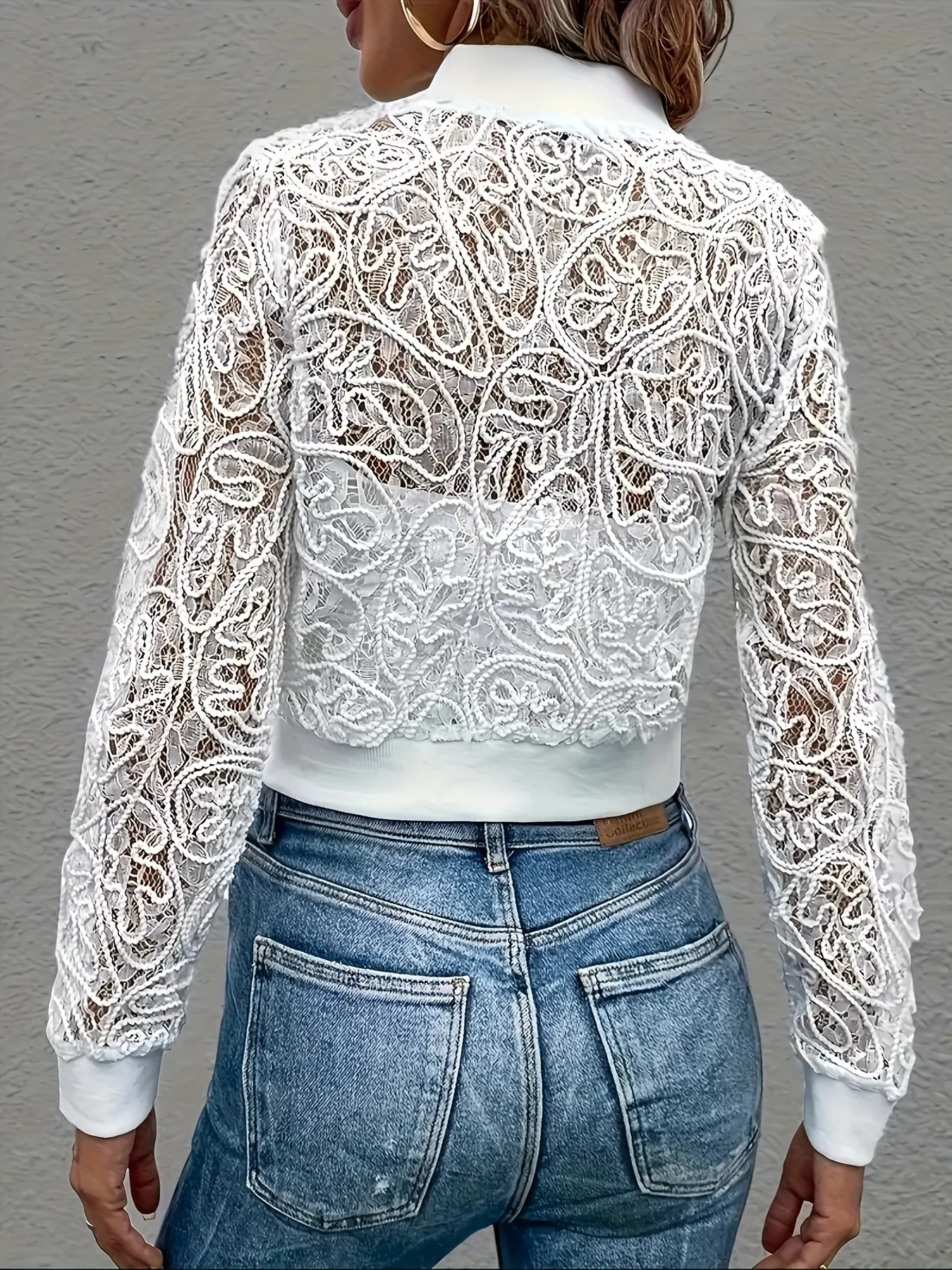 European-style Lace Short Jacket for Women, Spring and Autumn Season, lightweight, Zippered Cardigan, Long Sleeves, Slim Fit, St