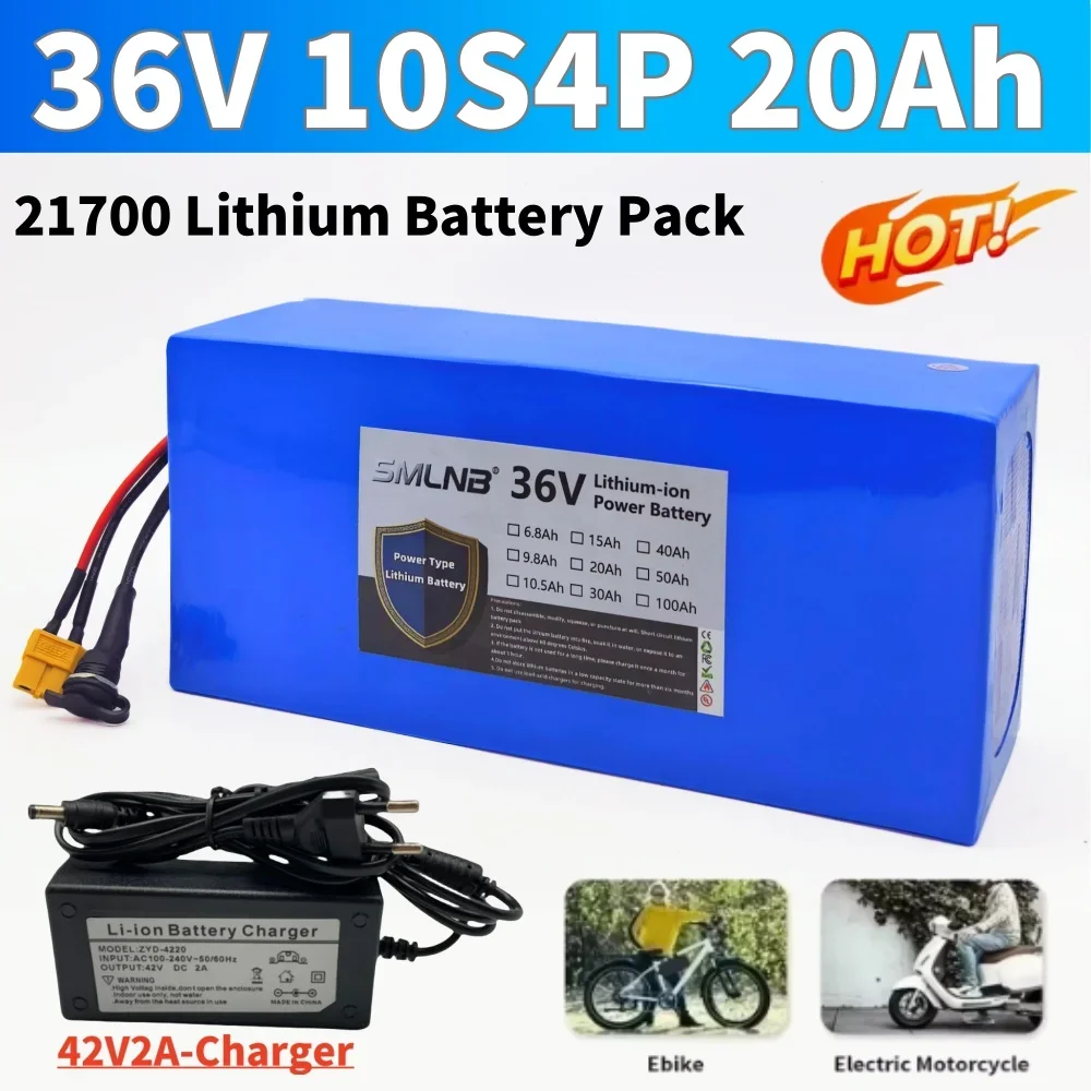

36V 10S4P 20Ah 1000W high-power 21700 Li-ion Battery Pack w/ BMS customizable with various connector plugs+ 42V 2A Charger