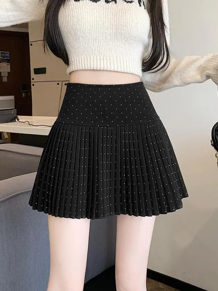 

Black Blue Diamond High Waist Slim Pleated Woolen Mini Skirts Women Autumn Winter Brown Festival Half Short Skirt College Style