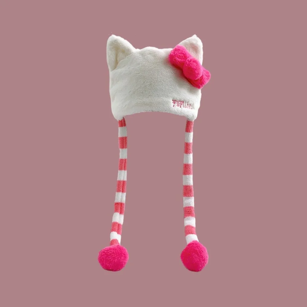 Oryginalne czapki Y2k Cute Cat Ears Plush Beanies dla kobiet Jesień i zima Ins Sweet Girl Lace-up Pullover Loli Hat Skullies