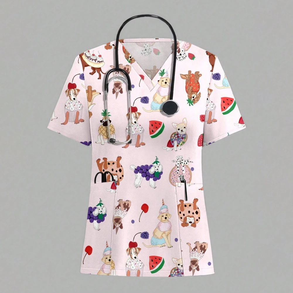 

Cartoon Animal Nursing Scrubs Tops Women Nurse Uniform Women Fashion V-Neck Pocket Overalls Medical Uniforms Uniformes Woman