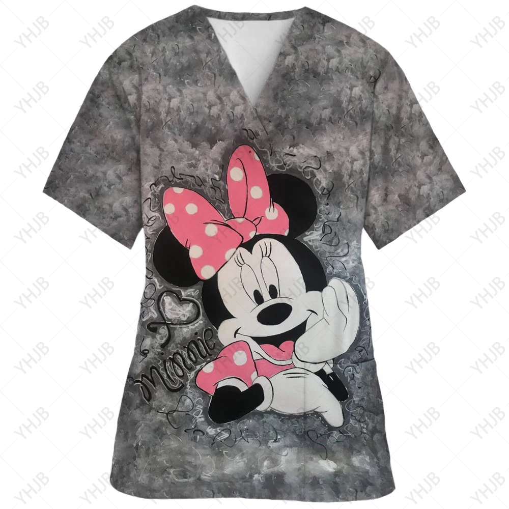 Disney Womens Nurse Style Scrub Tops Summer Mickey Mouse Cartoon Print Short Sleeve Uniform V Neck Summer Casual Tees