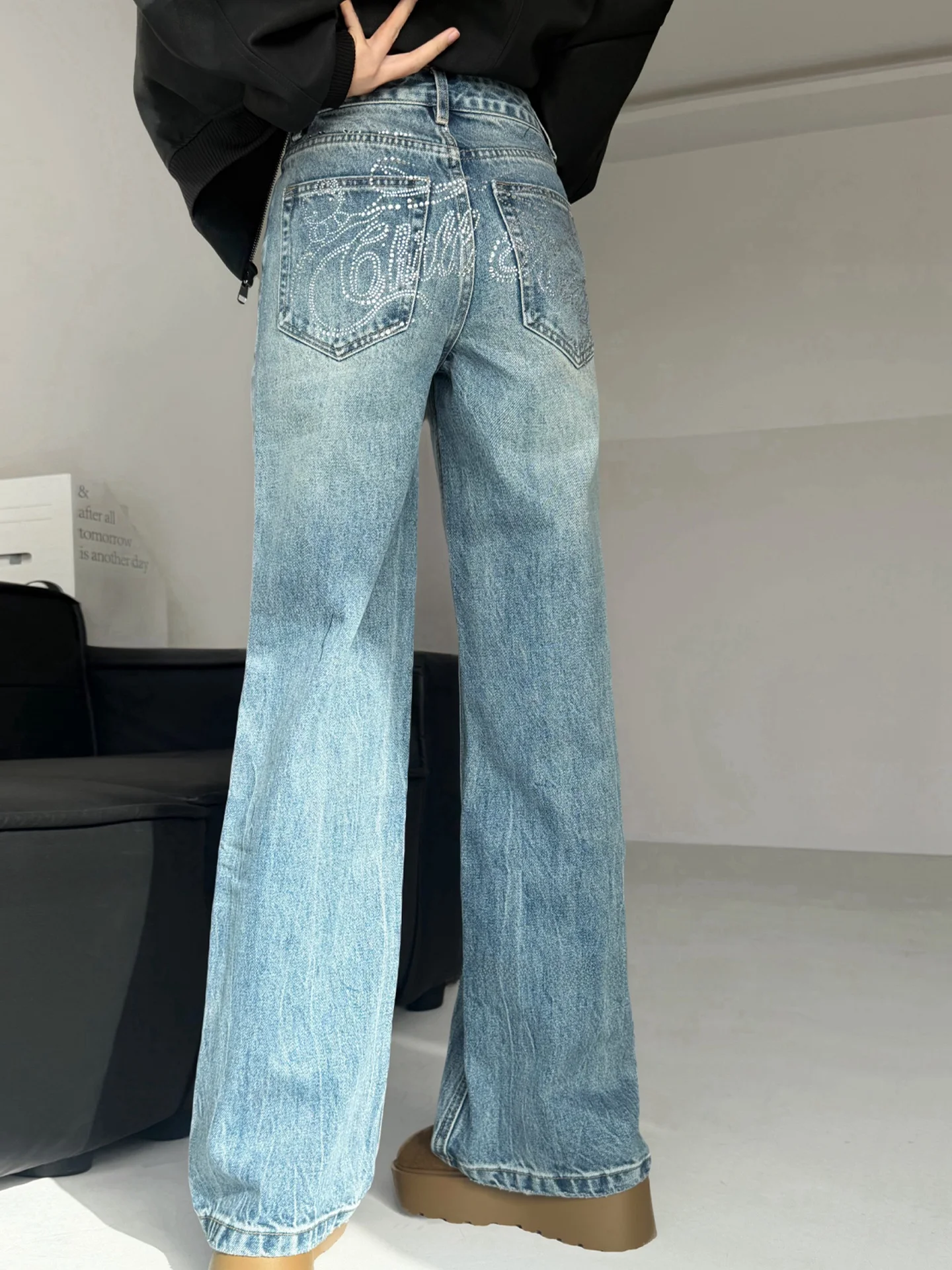 

Джинсы Sweet Cool Girl Heavy Du с широкими штанинами, украшенные стразами, с высокой талией, прямые, повседневные, длинные брюки