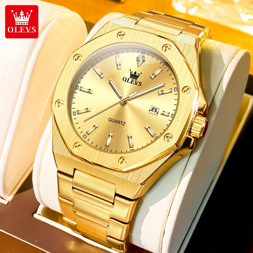 OLEVS Gold Watches for Men Waterproof Mens Gold Watch Calendar Diamond Luxury Casual Wrist Watch gifts