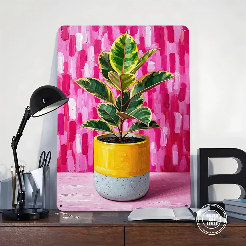 Variegated Ficus Elastica in Yellow Pot Printed Poster Customized Wall Art Retro Vintage Metal Tin Signs for Desk Decor Room